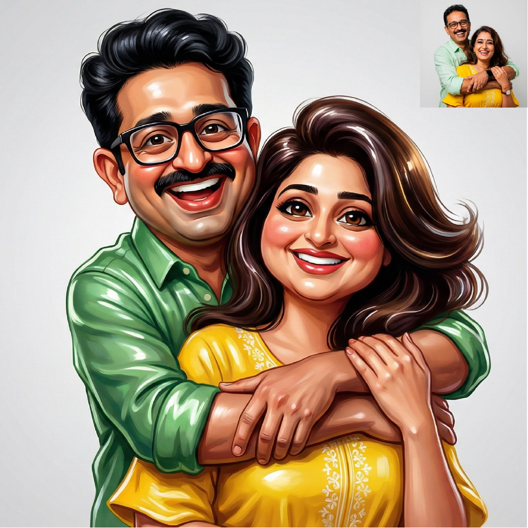 Semi Caricature Oil paint Portrait with Acrylic Photo frame Valentines Day Gift