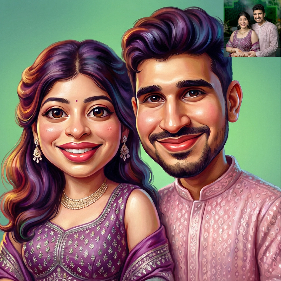 Semi Caricature Oil paint Portrait with Acrylic Photo frame Valentines Day Gift