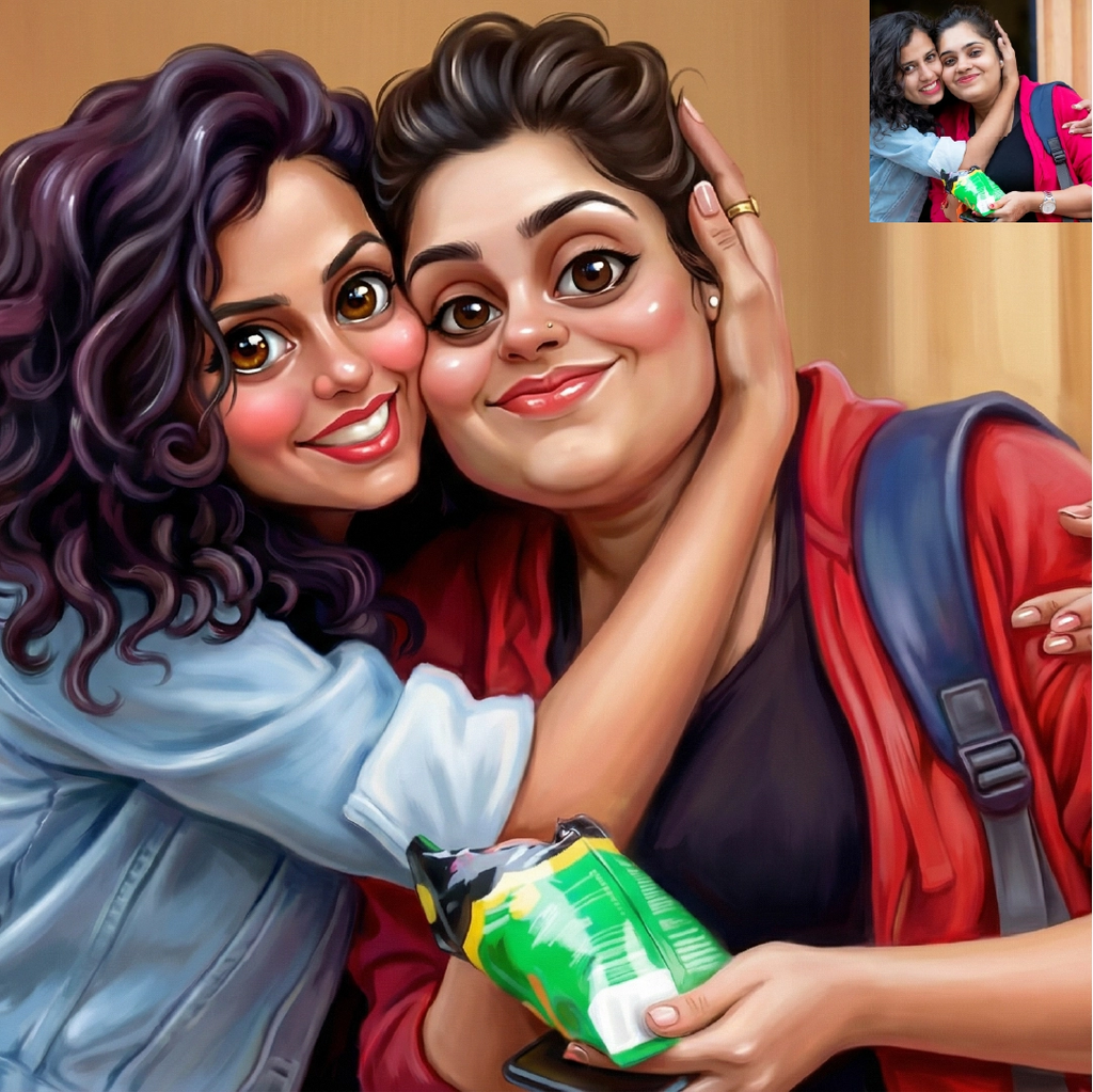 Semi Caricature Oil paint Portrait with Acrylic Photo frame Valentines Day Gift