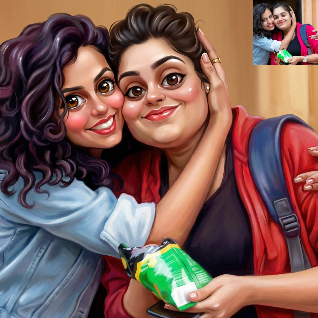 Semi Caricature Oil paint Portrait with Acrylic Photo frame Valentines Day Gift